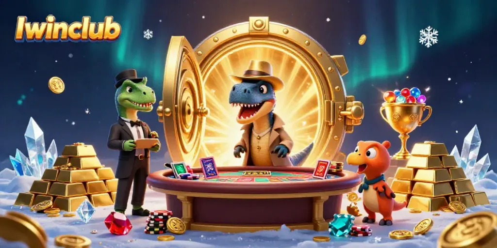 Iwinclub showcases a clever velociraptor at a blackjack table, stealing chips in a vibrant casino scene.