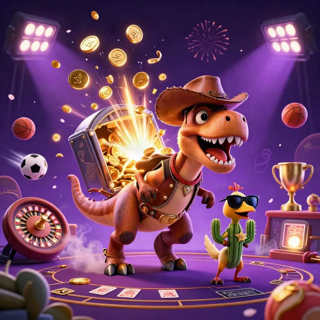 Cowboy T-Rex, cactus sidekick and roadrunner amid coins, sports balls, roulette and fireworks.