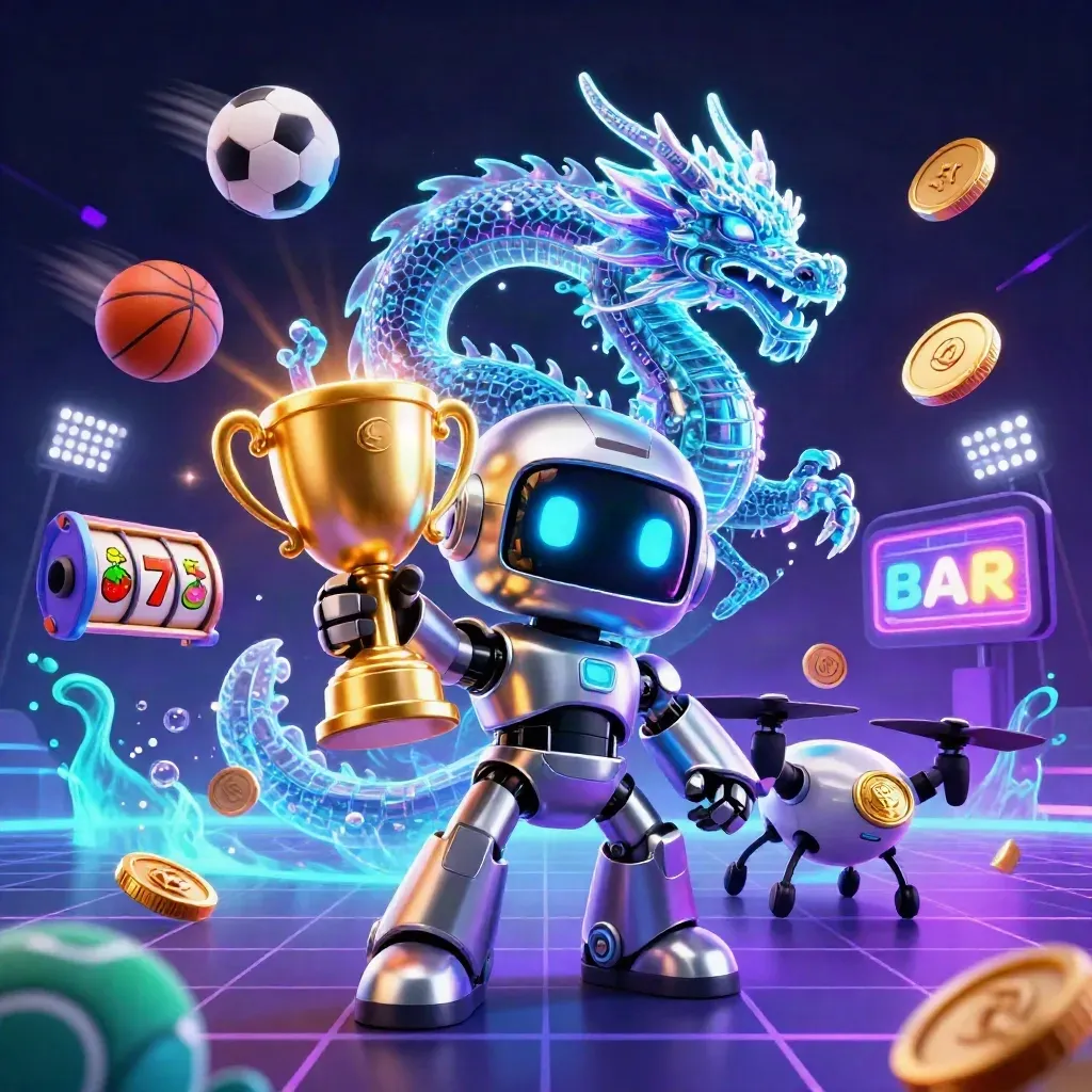 Cyberpunk robot, holographic dragon, and coin drone amid casino-sports chaos and neon glow.