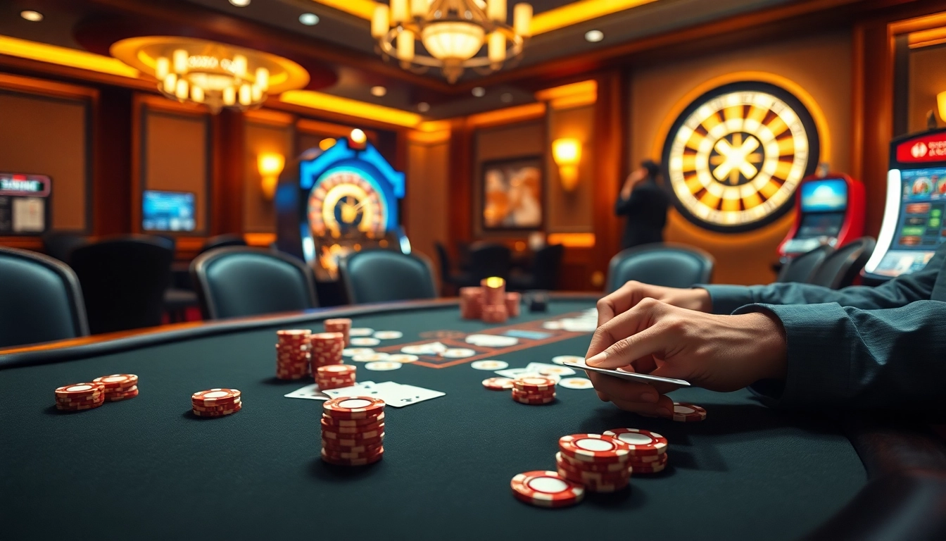 A high-stakes casino experience at https://98win1.in.net/, featuring players at an elegant poker table with luxurious chips and cards.
