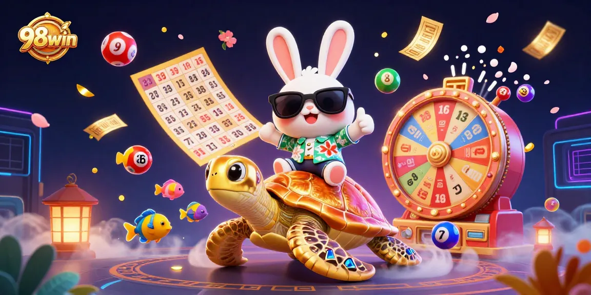 Join the colorful world of 98win with a lucky rabbit and gold turtle celebrating wins.