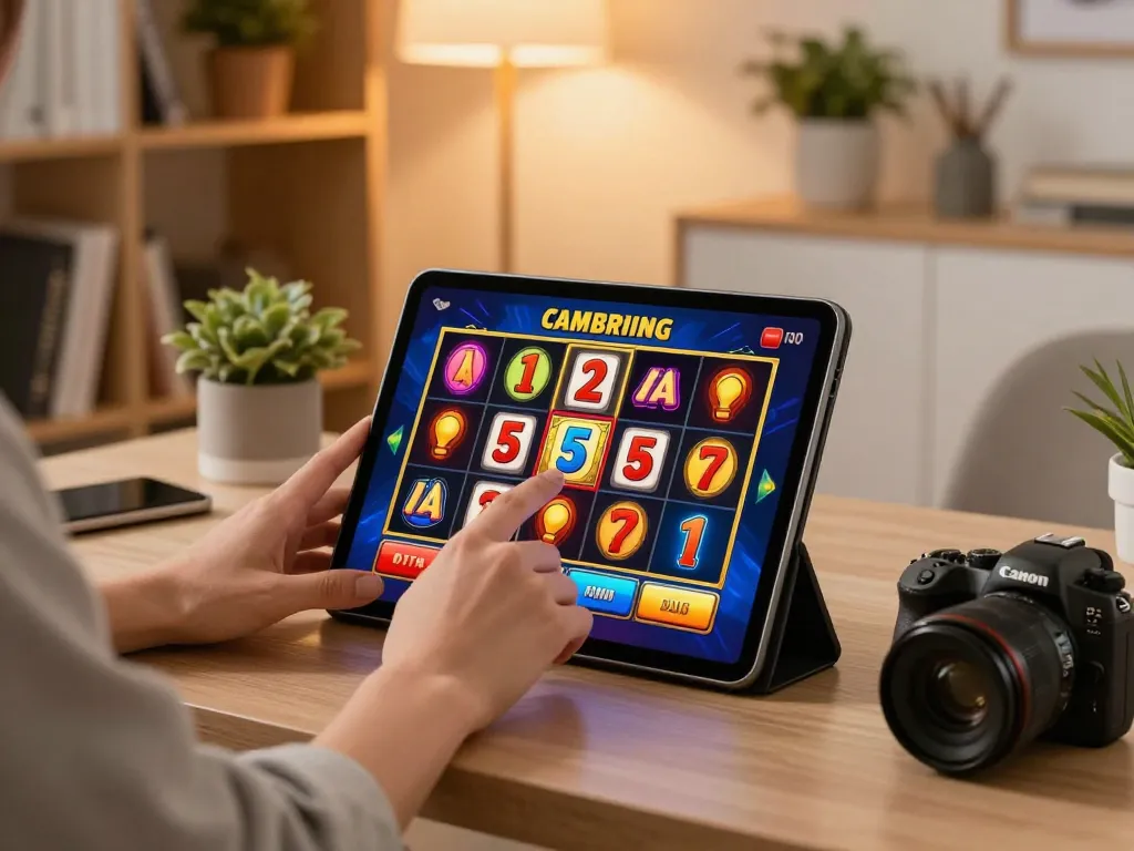 Engaged player enjoying slot games on a tablet in cozy home setting, showcasing nhà cái NK88 for digital entertainment.