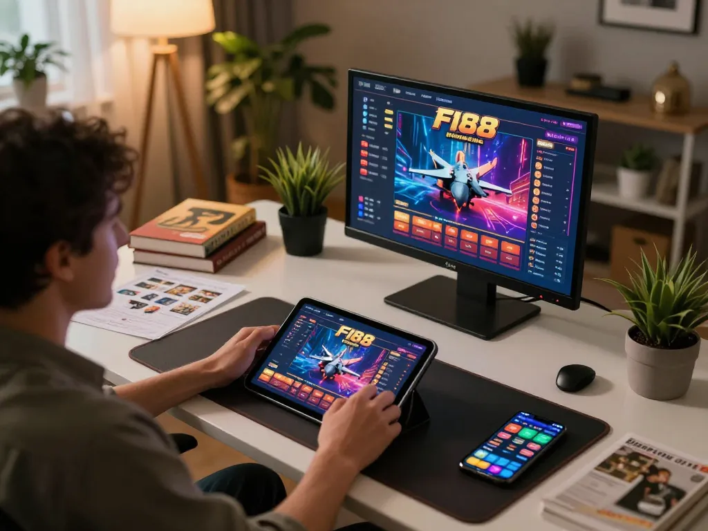 Engaged player using F168's online casino app on tablet in a cozy home setup