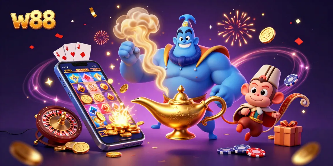 Experience Wins at w88 with a vibrant 3D rendering of excitement through games and rewards.