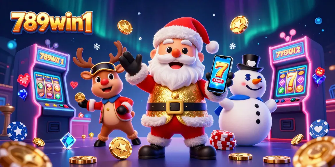 Catch the excitement at 789win1 with a Santa in a casino, jackpot slots, and festive characters.