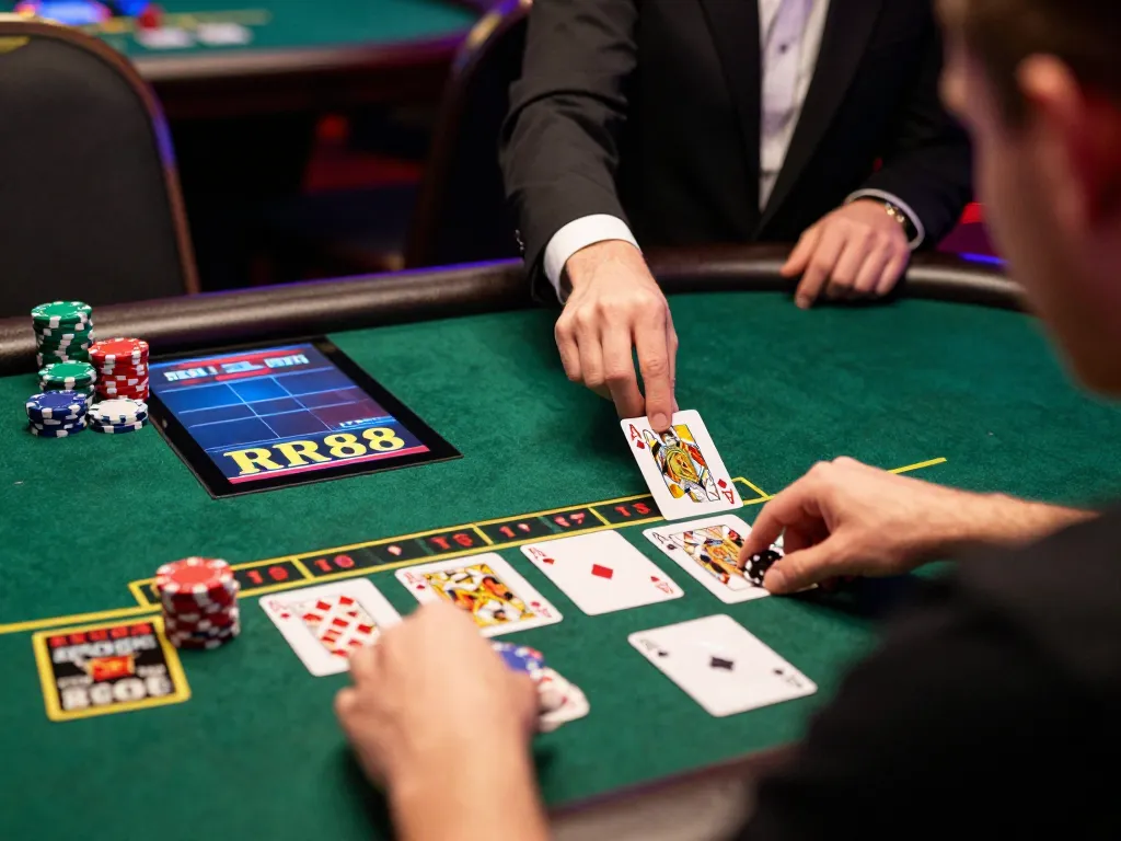 Two players engaged in Blackjack at RR88's online casino, showcasing intense gameplay.