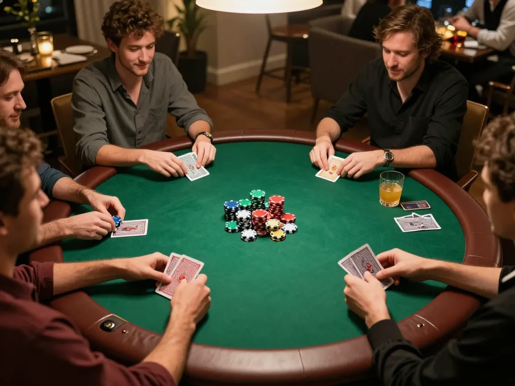 B52club players engaging in an exciting home poker night with vibrant poker chips and strategizing together.
