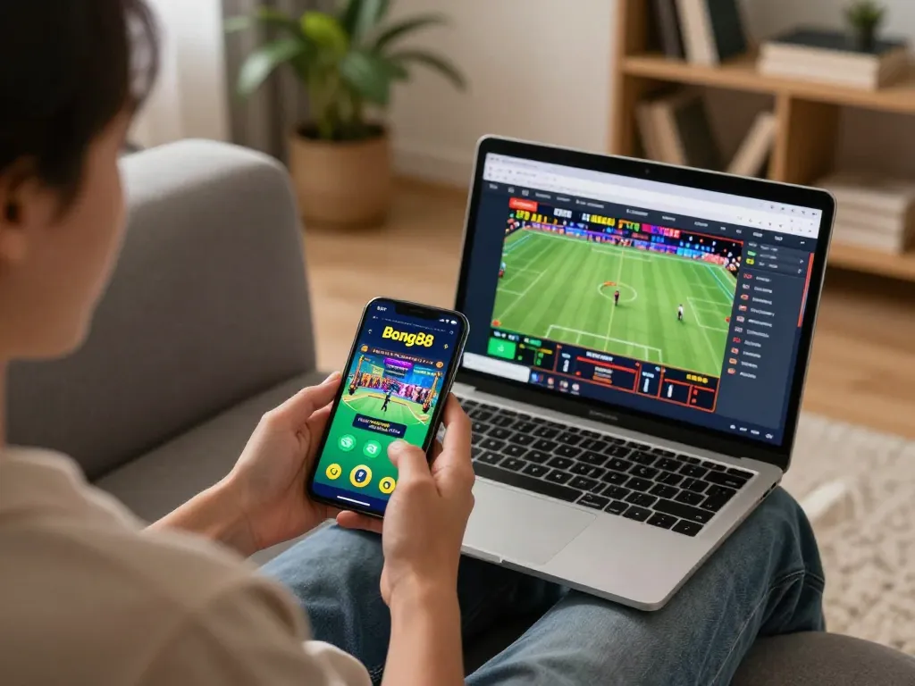 Bong88 app in action as a player engages in live betting from home using a smartphone.