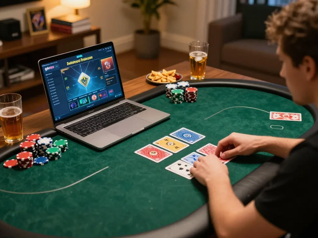 Player engaging in go99com poker game on laptop, showcasing vibrant cards and chips in cozy setting