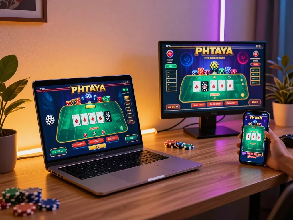 PHTAYA online gaming setup displaying exciting casino games on laptop and smartphone.