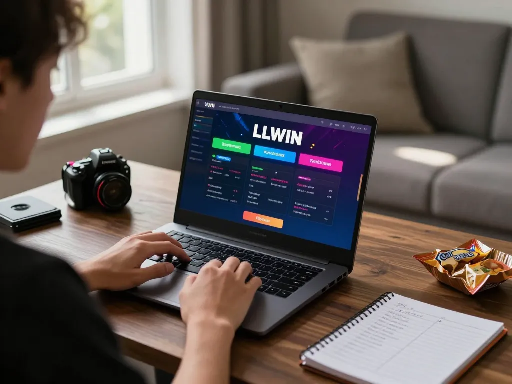 Engaging in online gambling with LLWIN Download on laptop, showcasing immersive gaming setup.