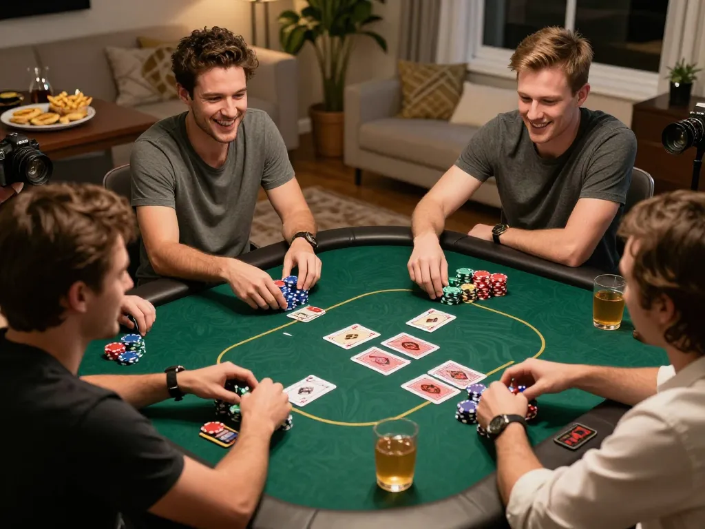 Bet88 players celebrate a poker win during a friendly game night at home, showcasing strategic gameplay.