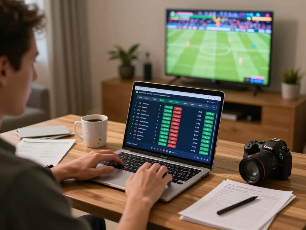 Engaged person in home office featuring online sports betting from https://rr88.gratis/, laptop showing live odds and quick bet interface.