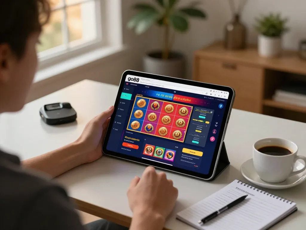 Gambling enthusiast enjoying go88 online casino app on tablet, immersed in gaming strategy.