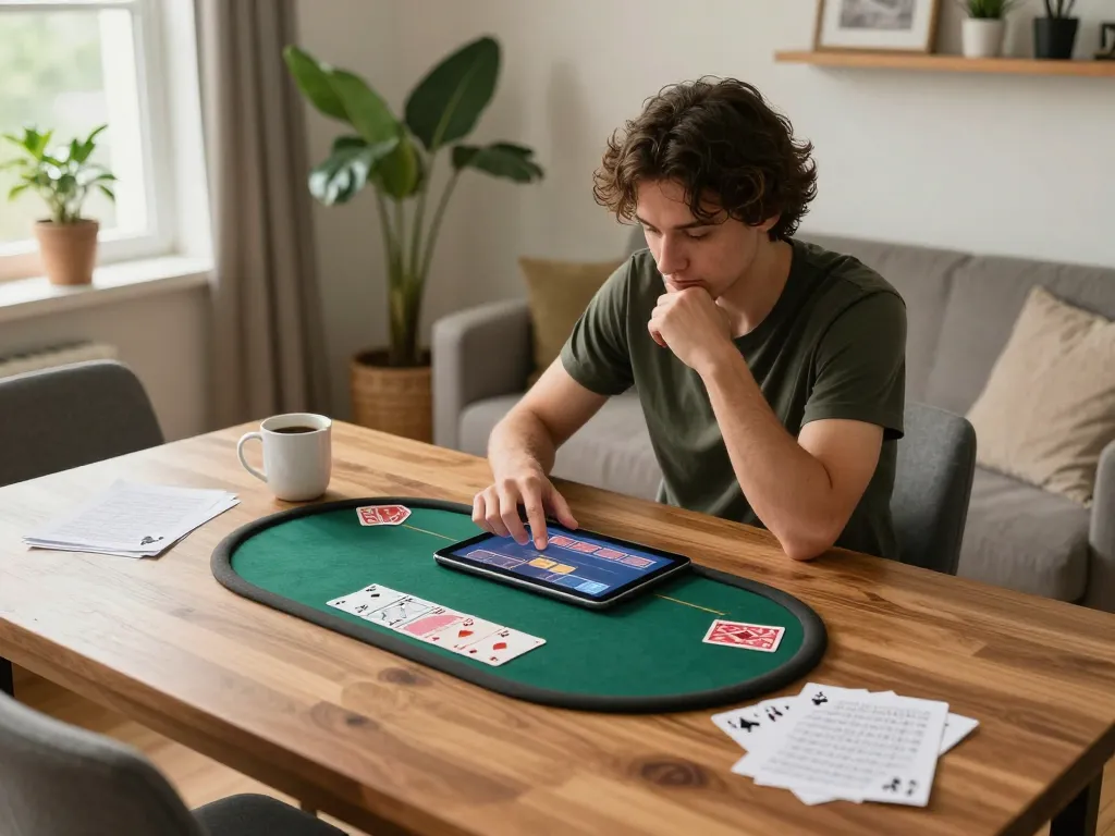 Engaged player strategizing on https://789win2.us.com/ while enjoying a cozy home poker session with notes and drinks.