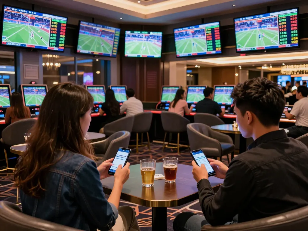 F168 sports betting patrons analyzing odds at a modern lounge, showcasing excitement and strategy.
