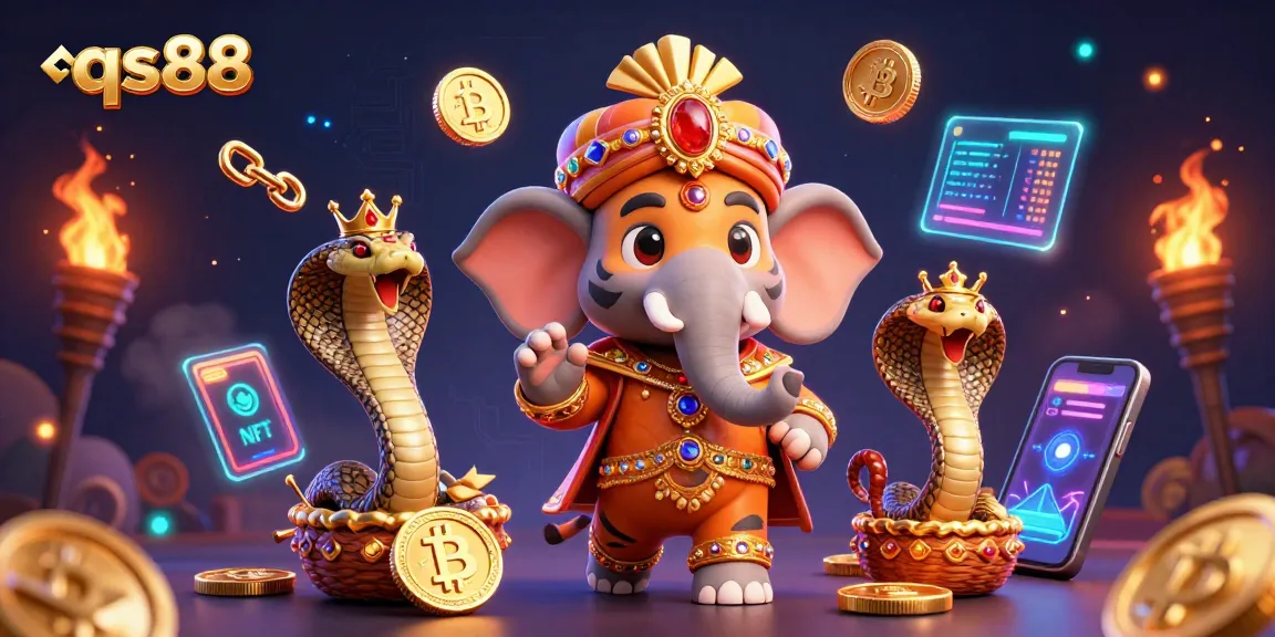 Engage with qs88’s dynamic casino scene featuring a maharaja tiger, elephant, and coins.