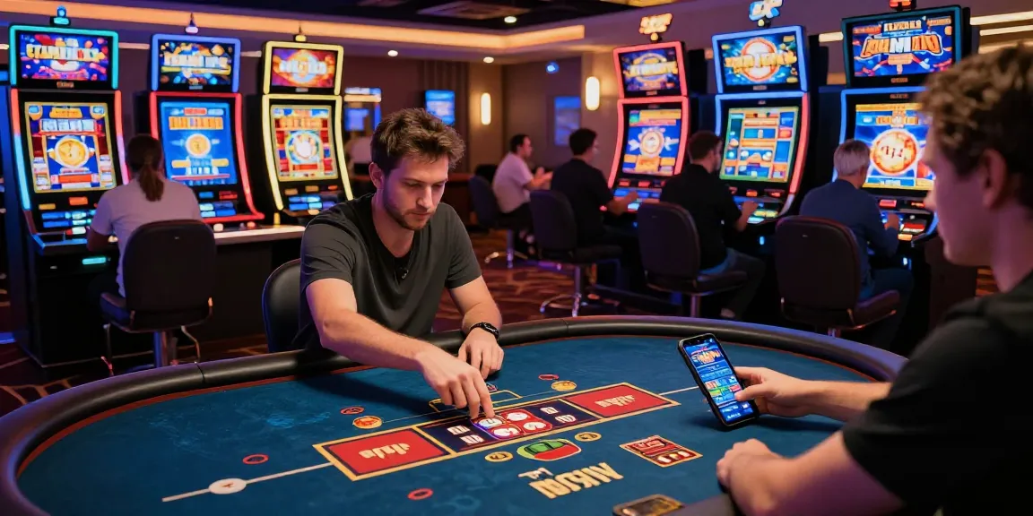 Immersive gaming experience at https://cm88z.com.co/ with vibrant poker table and colorful slot machines.