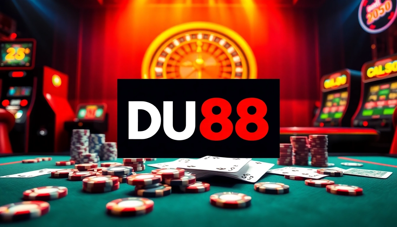 Experience the thrill of gambling at DU88 with vibrant poker chips and roulette wheels.