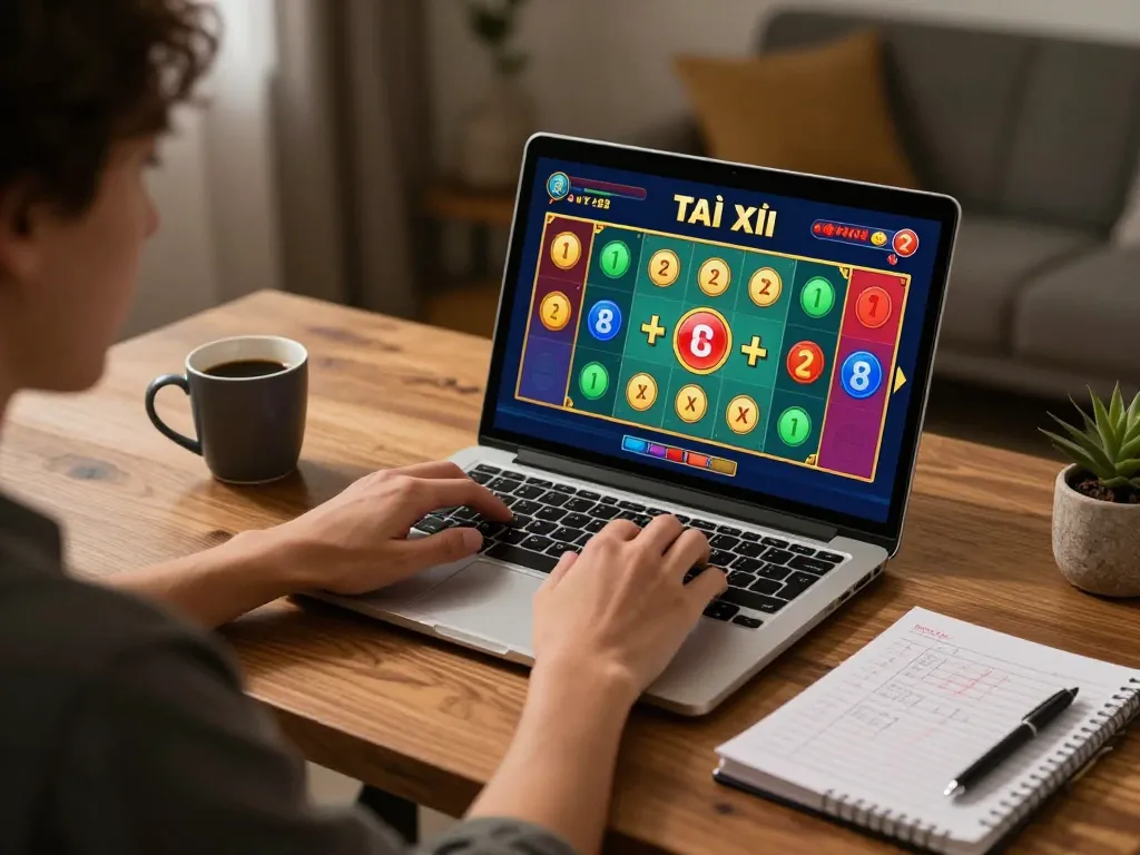 Tài xỉu gaming session in a cozy home office with strategic notes, laptop, and warm lighting.
