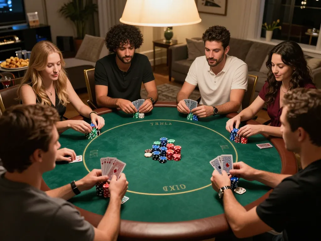 Engaged friends playing poker at home, highlighting DAGA strategies for maximizing gameplay.