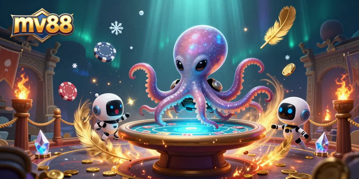 Engage with mv88's thrilling holographic poker experience amidst a vibrant 3D alien casino.