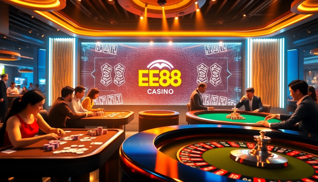 EE88 Casino vibrant 3D gaming environment with players enjoying poker, roulette, and a stunning digital interface.