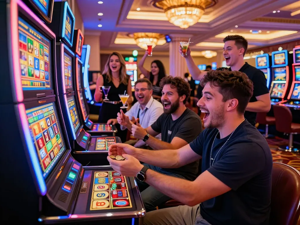 Players celebrating a win at a Lucky 88 slot machine at https://lucky88.tips/ casino, vibrant atmosphere with colorful lights.