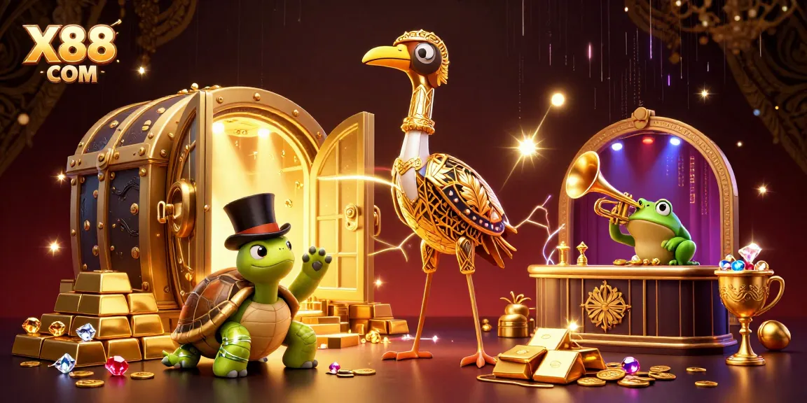 Engage with X88 COM's vibrant atmosphere of thrilling gaming excitement featuring cartoon characters.