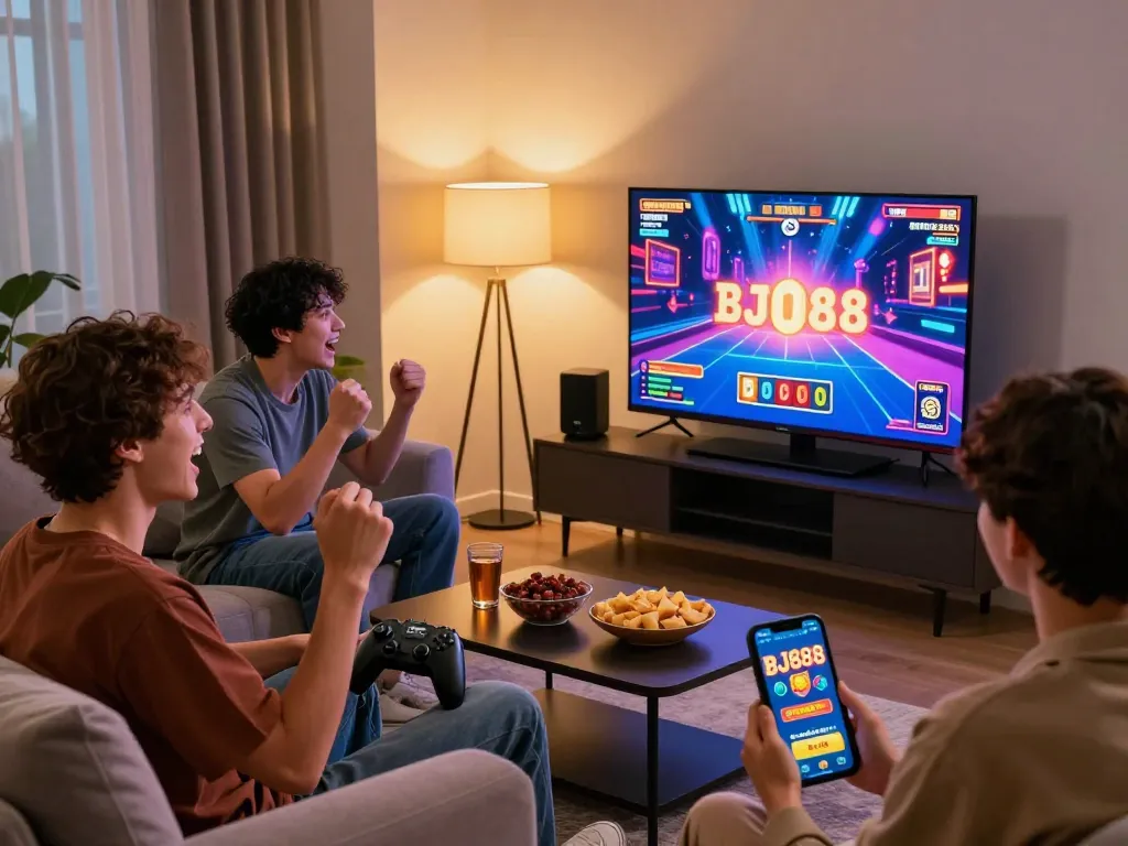Young adults enjoying an exciting gaming experience with BJ888 app on screens, showcasing vibrant visuals and camaraderie.