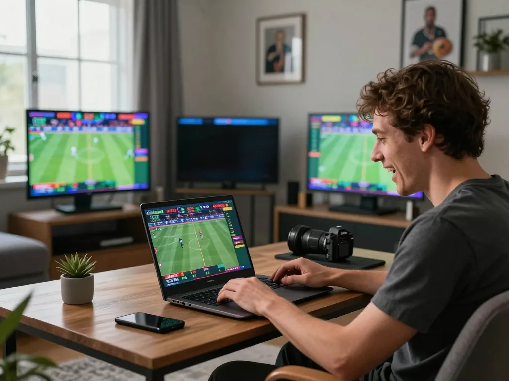 Engaged player using LV88 platform for online sports betting in a vibrant home setting.