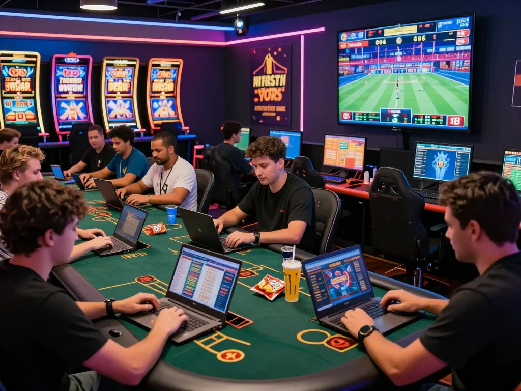 Dynamic online gambling scene showcasing players engaged in 8kbet gaming experience with vibrant displays and excitement.