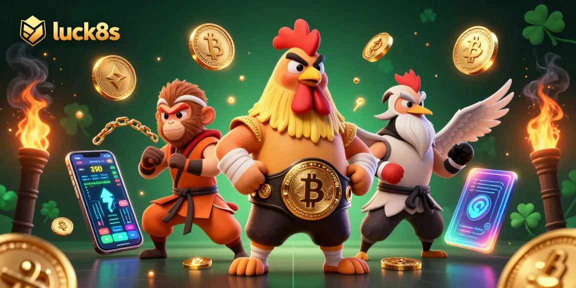 Engage luck8s players with a dynamic casino-themed scene featuring martial artists and crypto elements.