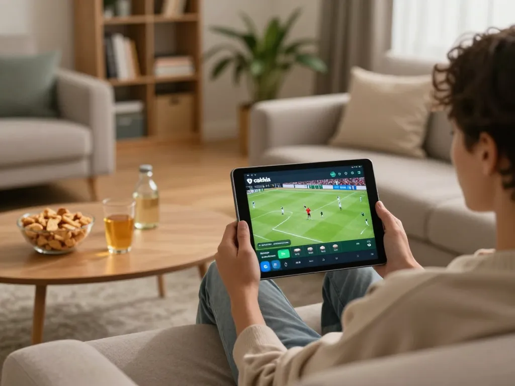 Enjoying live soccer matches on cakhia tv app in a cozy home setting