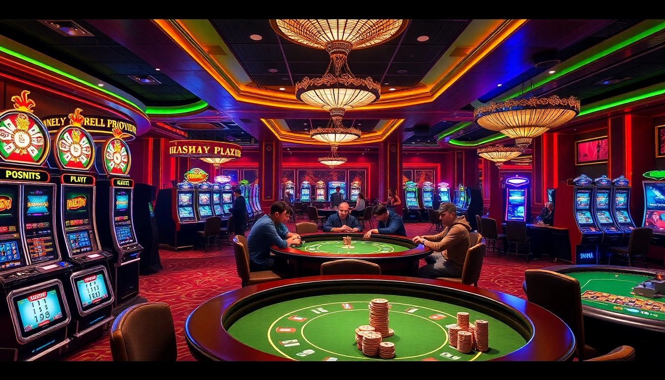Players enjoy a thrilling game at GO88 casino, surrounded by colorful slots and elegant tables.