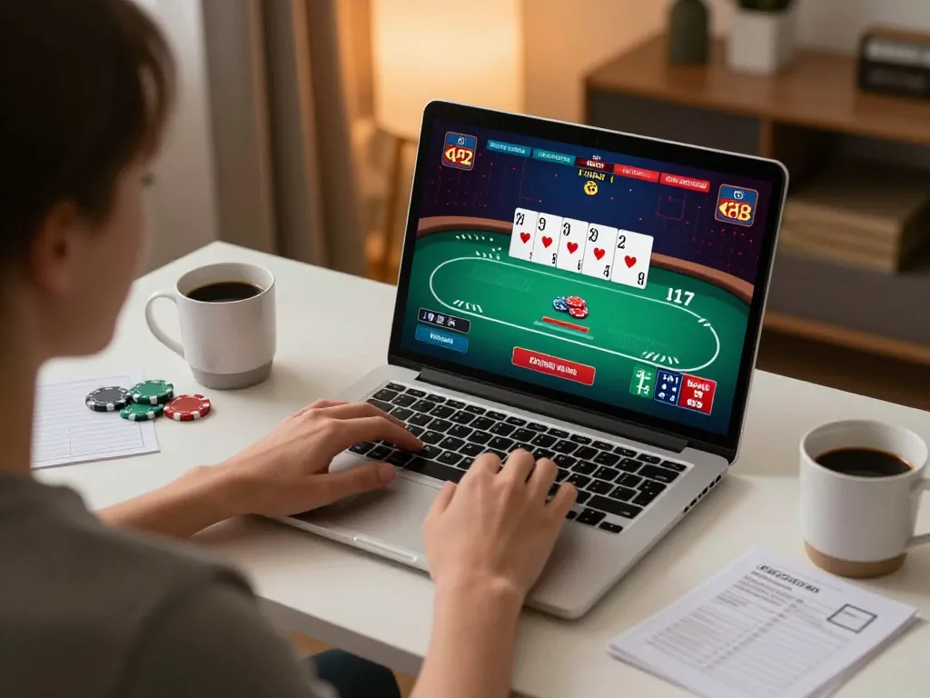 Engaging with five88 on an online poker game in a stylish home office setup.