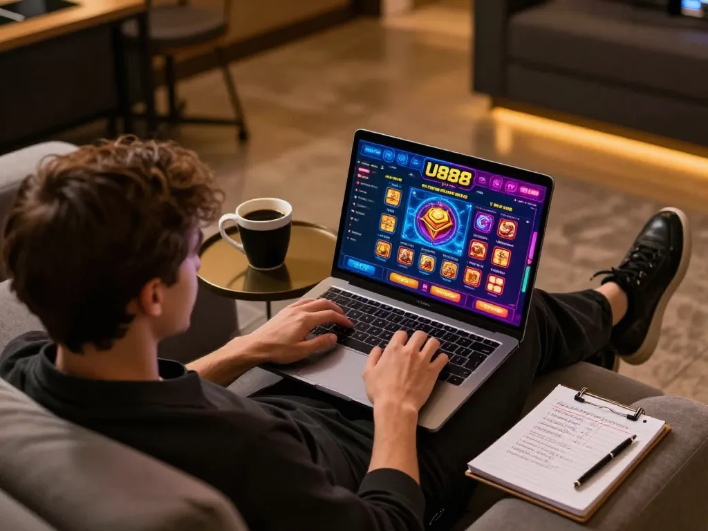 Player enjoying U888's online casino on a laptop in a cozy living room.