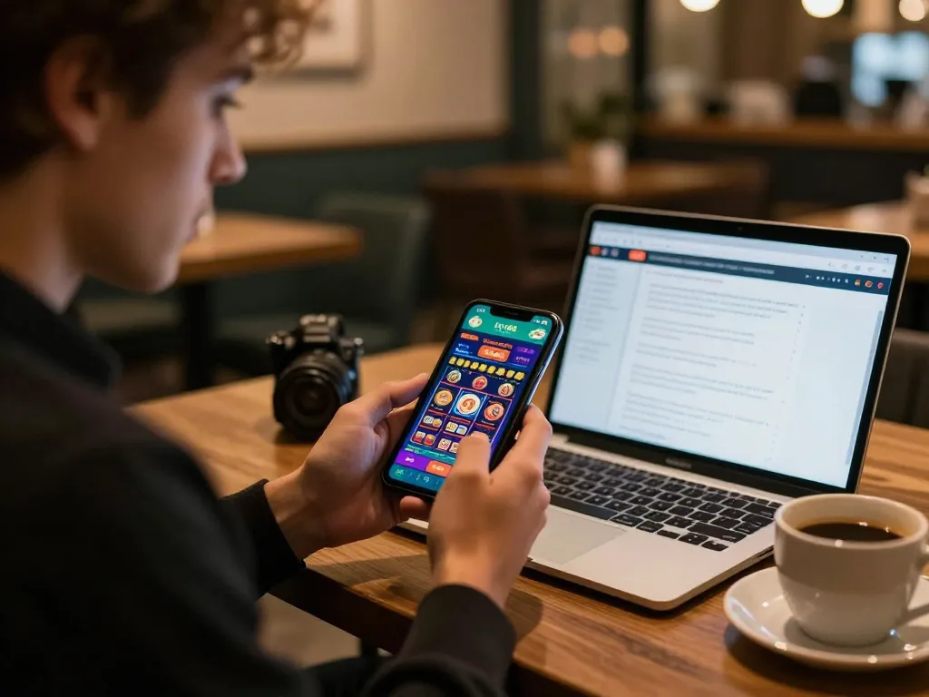 Mobile gambler using the fly88 casino app on their smartphone, showcasing vibrant gaming interface.