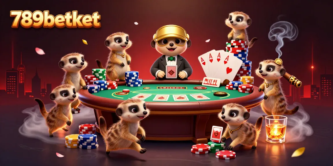 Engage in thrilling gameplay at 789betket's vibrant casino with charming meerkat dealers in this detailed scene.