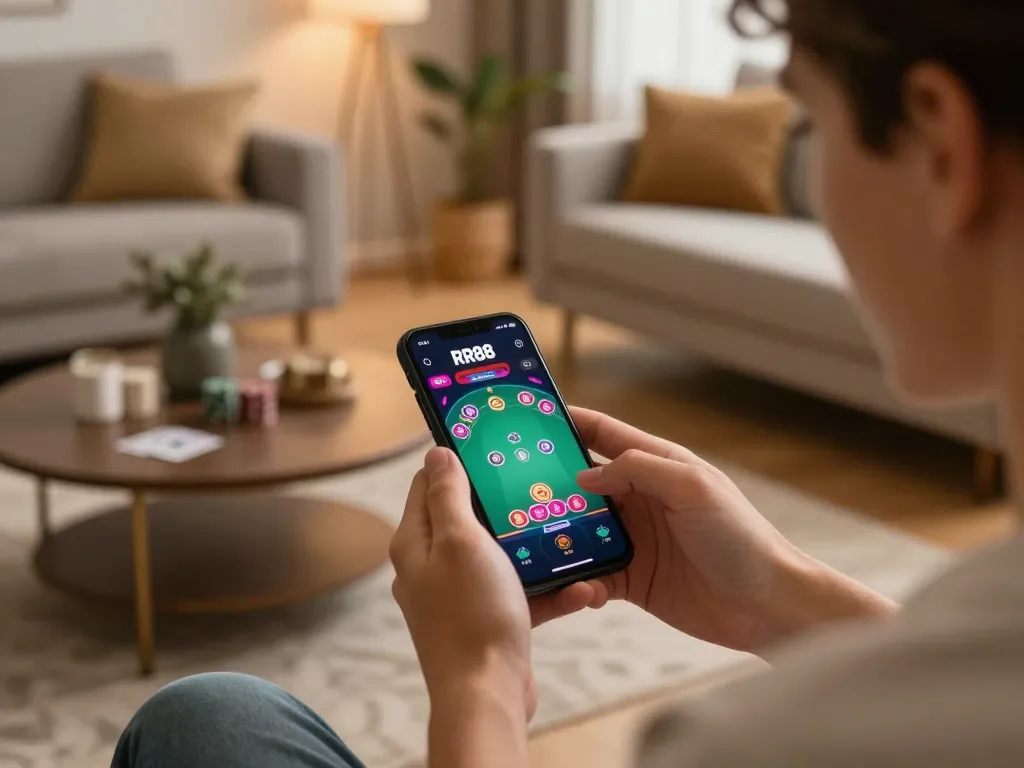 Using the RR88 APP to play poker on a smartphone in a cozy living room, emphasizing online gaming comfort.