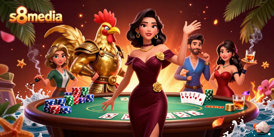 Engage with dynamic gameplay at s8media, featuring a glamorous scene with poker elements and vibrant characters.