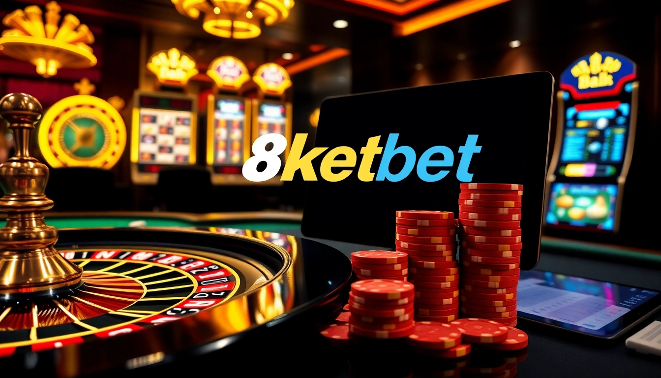 8kbet showcasing a professional gambling table with poker chips and roulette wheel in action