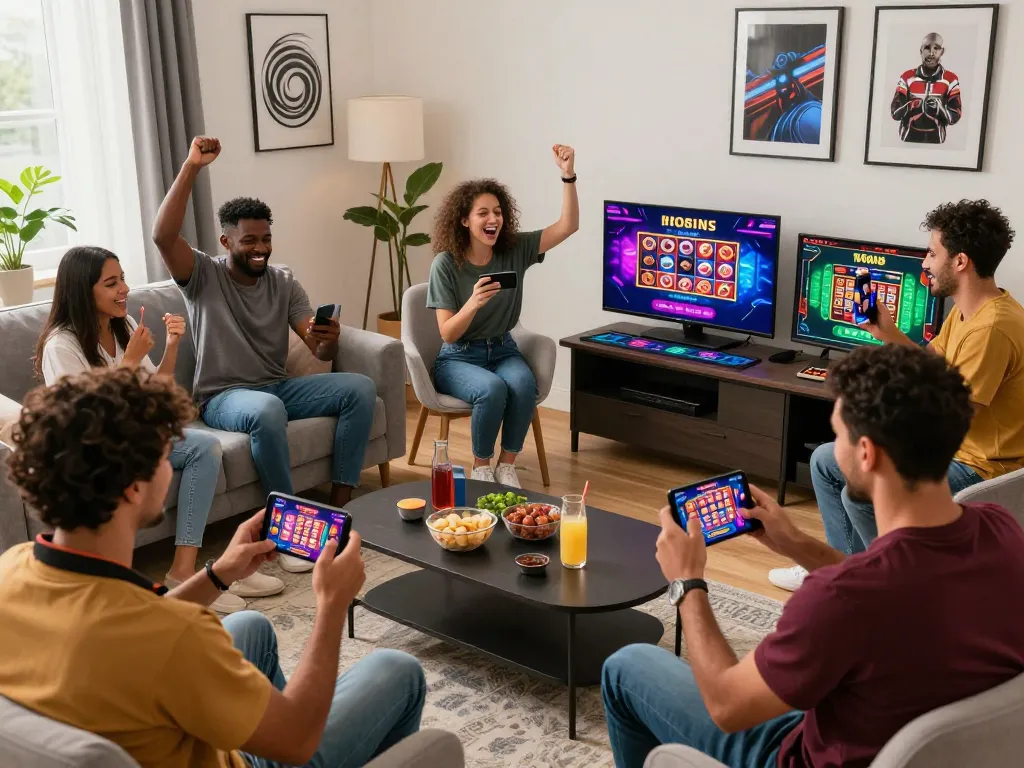 Engaging online gaming experience at https://sc88e.com/ showcasing diverse players celebrating wins with mobile devices and vibrant game graphics.