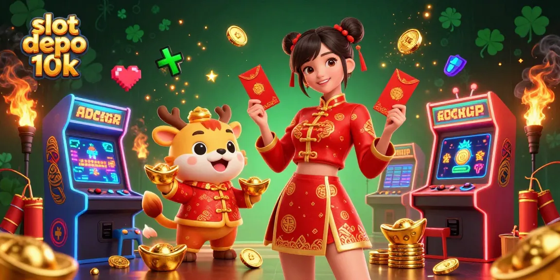 Engage in exciting games at slot depo 10k, featuring colorful slot machines and festive characters.