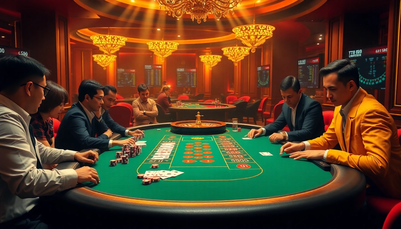 A thrilling poker game at TT88's luxurious casino, showcasing players and vibrant gaming elements.