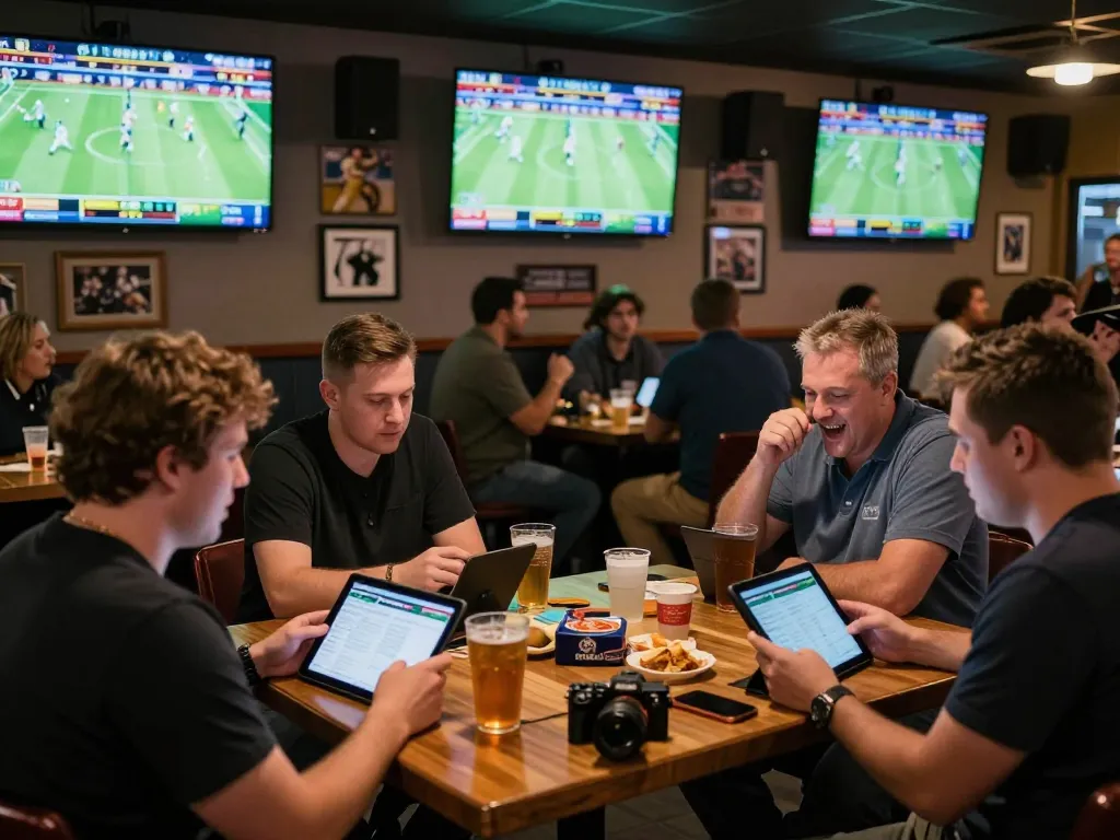 Excited patrons at sports bar engaging in live betting on ta88ac, analyzing statistics and cheering for their teams