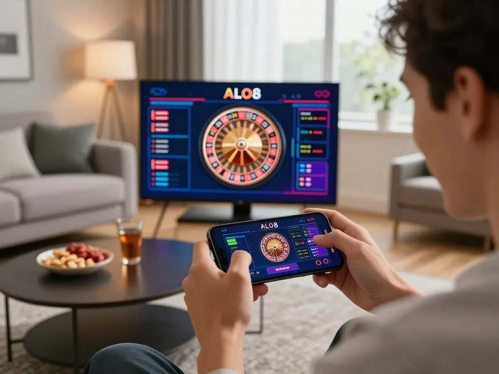 Engaged player on ALO8 app, enjoying mobile roulette game in cozy living room setting