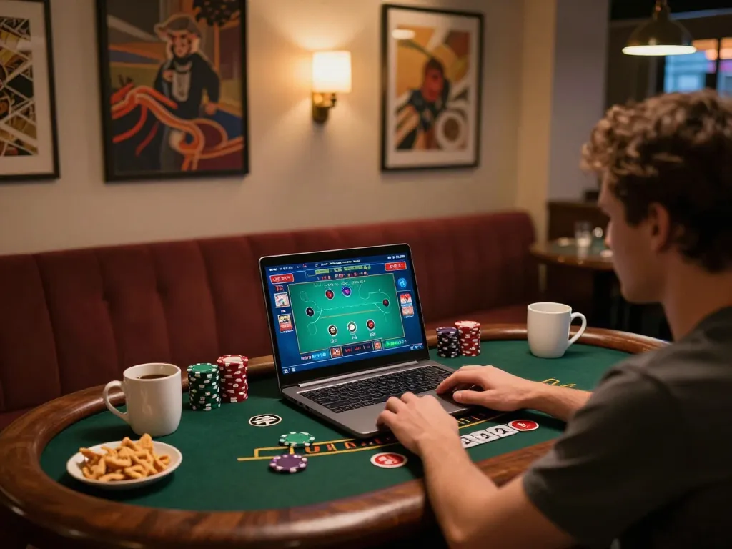Engaging in online gambling strategies at mb66 with a cozy setup and live dealer interface.