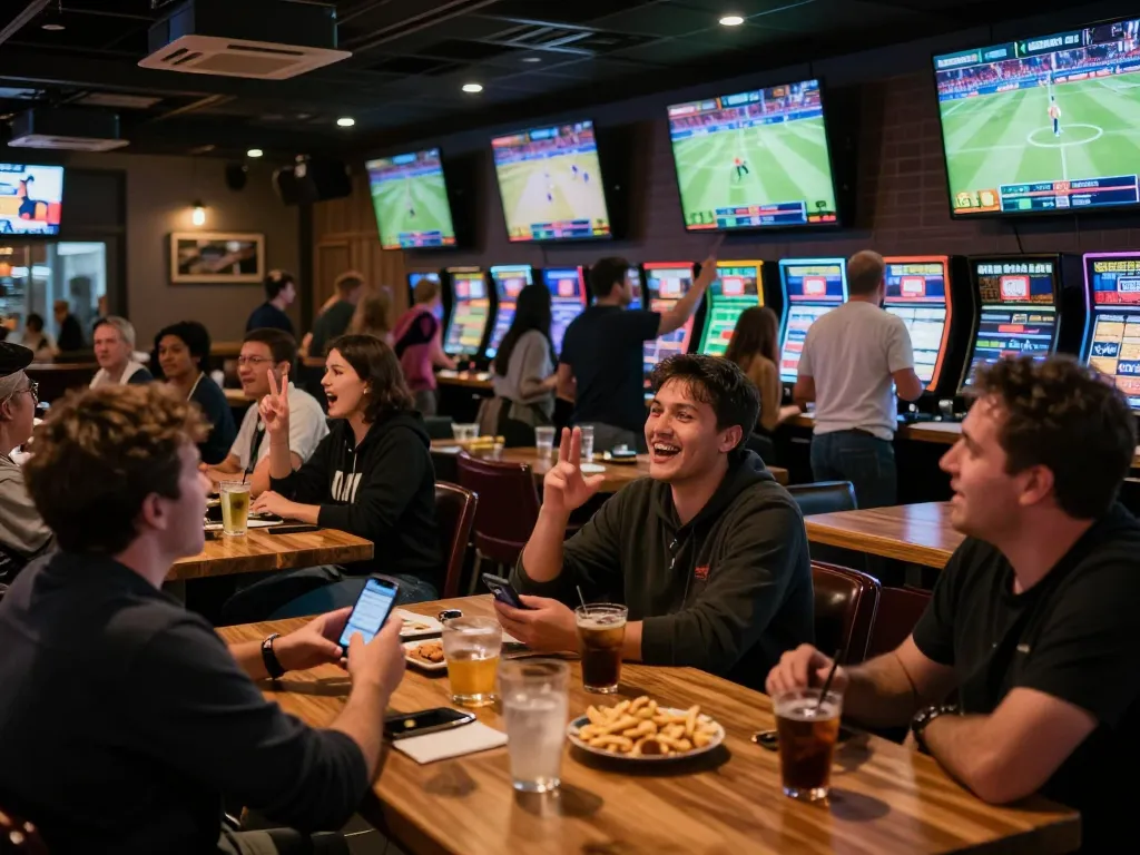 Engaged sports fans using trang cá cược bóng đá app to place bets while enjoying a game in a lively sports bar setting.