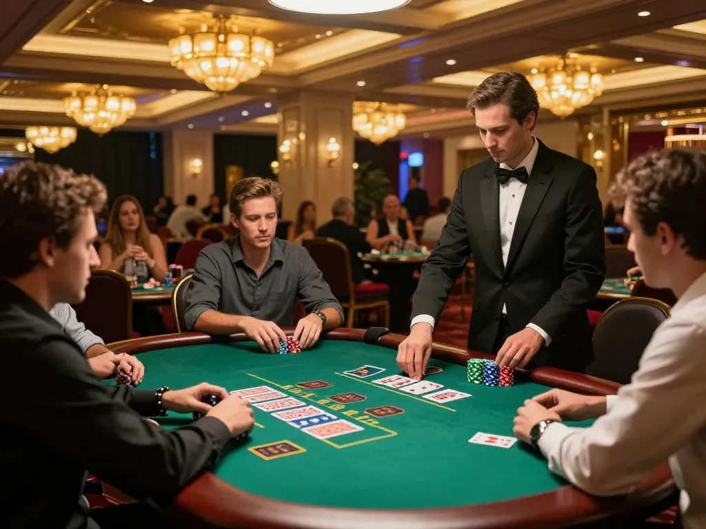 Engaged players at LU88 blackjack table strategizing bets in a luxurious casino setting
